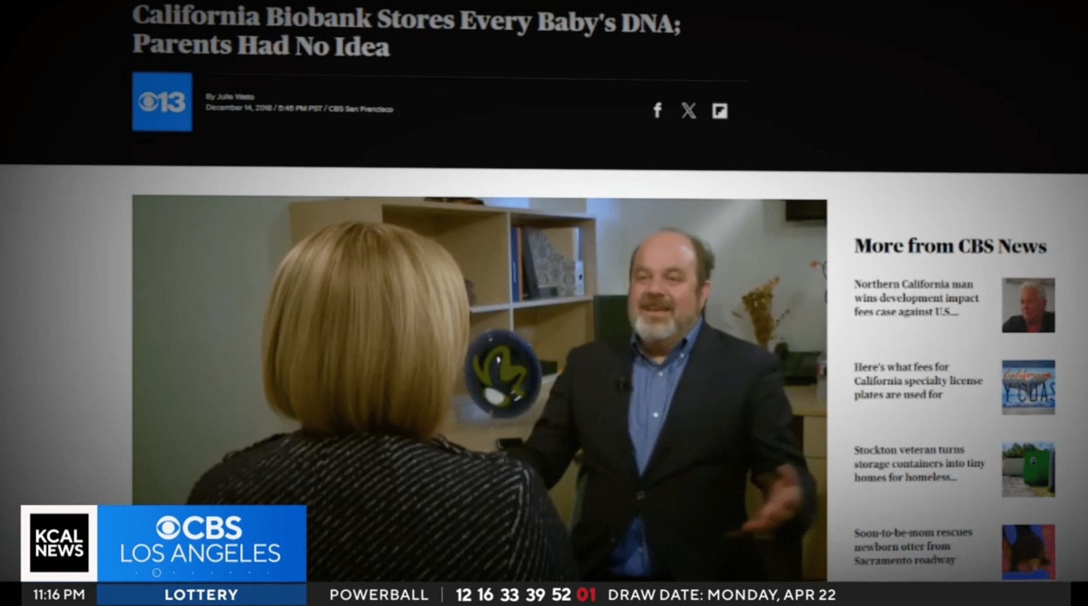 KCBS – Los Angeles, CA: California Biobank Stores Every Baby’s DNA; Parents Had No Idea